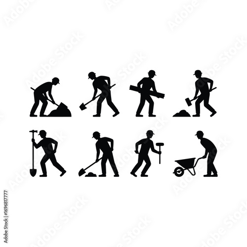 Diverse construction worker silhouettes performing various manual labor tasks with tools and equipment