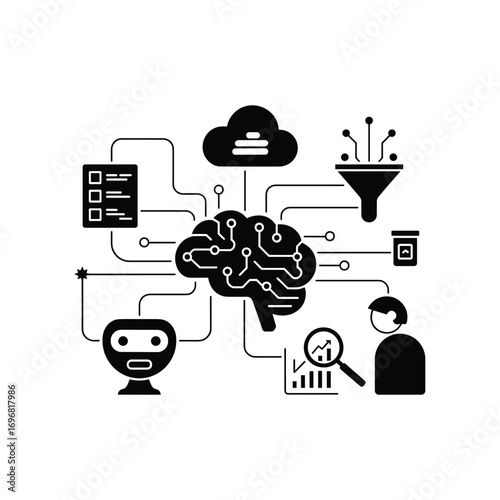 Ai and machine learning concept showing data flow and connectivity of neural network processing