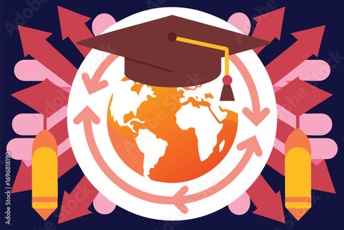 Graduation cap globe arrows pencils vector