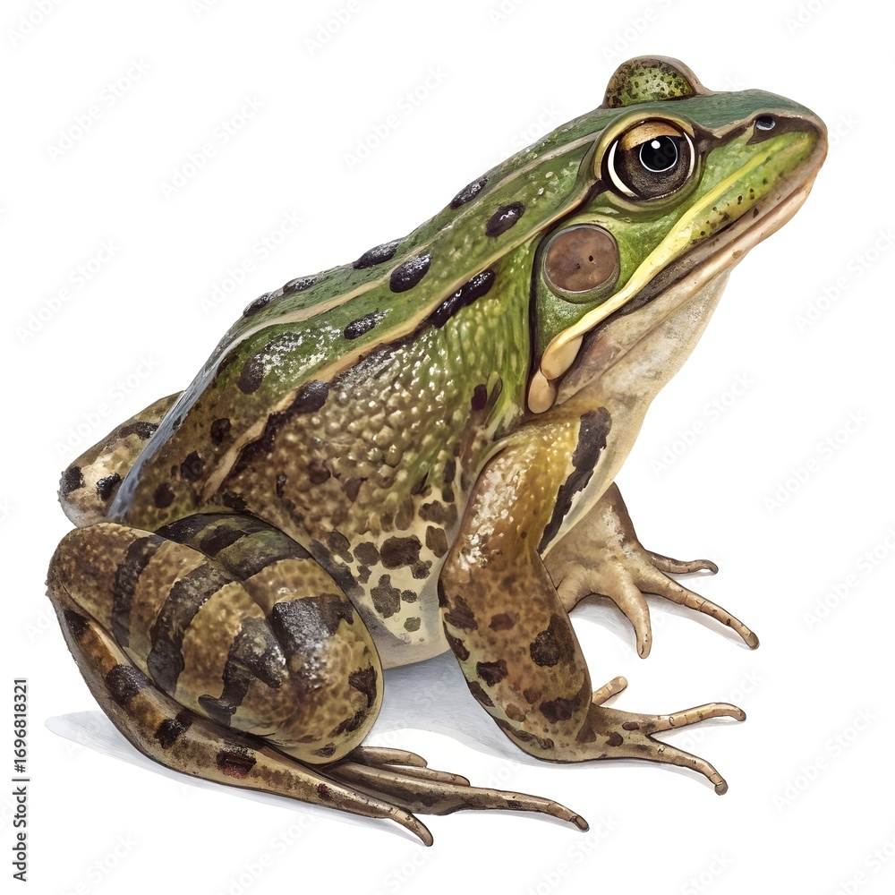 Fototapeta premium Green frog with brown markings on a white background