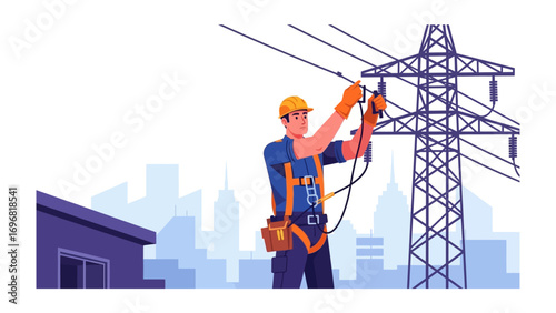 Power Line Technician: An electrician in safety gear working diligently on high-voltage power lines, with a cityscape backdrop, reflecting dedication and precision in electrical work.