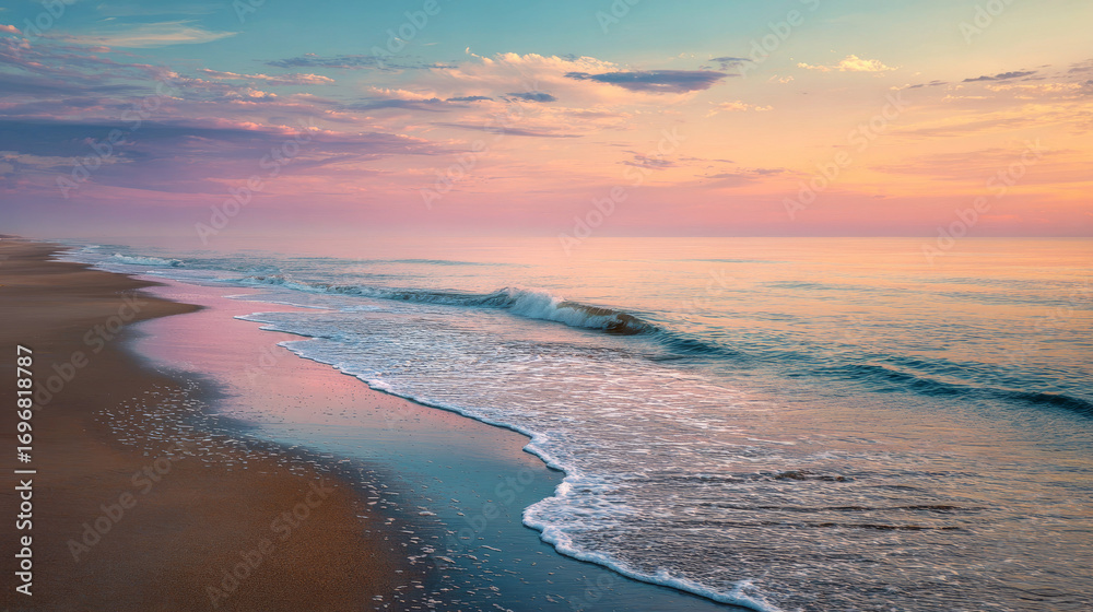 Obraz premium Tranquil beach sunrise with pastel colors on the horizon