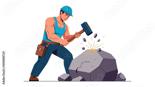 Construction Worker at Work: A strong construction worker diligently utilizes a heavy hammer to break a rock, showing determination and dedication.