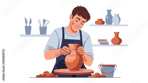 Pottery Craftsmanship: Capturing the skill and focus of a potter as he meticulously shapes clay on a spinning wheel. Evoking a sense of artistry and creation.