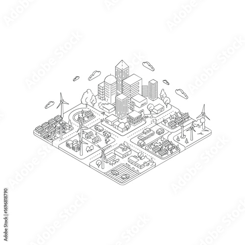 Abstract isometric city skyline with intricate line art detail and urban landscape elements