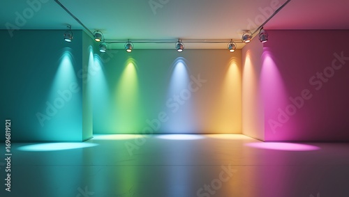 Colorful spotlight illumination creates vibrant atmosphere in modern empty room