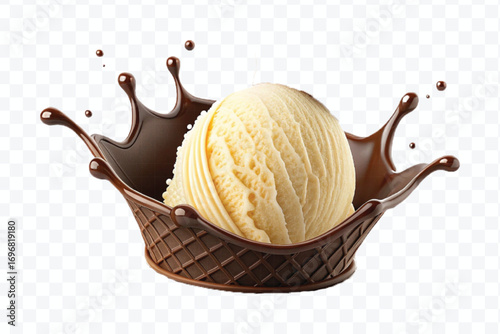 delicious vanilla Ice cream Into crown  chocolate sauce splash isolated on transparent background
