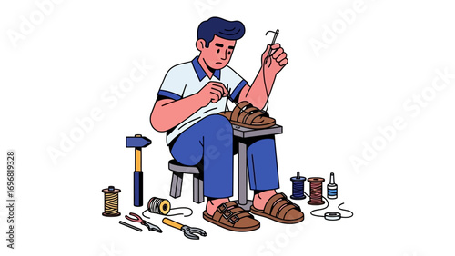 Artisan Crafting Footwear: An artisan meticulously crafts footwear, focused on the process of creation. Surrounded by essential tools and materials, and demonstrating commitment.
