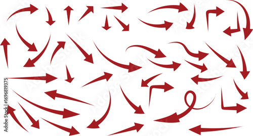 Vector art of a collection of various red arrows pointing in different directions, isolated on a, showcasing a variety of styles including curved, straight, and bent arrows for directional indication