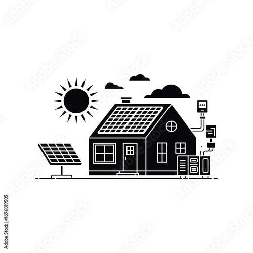 Modern home with rooftop solar panels and battery storage for sustainable energy generation