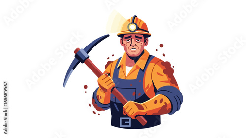 Mining labor in action: A determined miner, equipped with a sturdy pickaxe and a helmet bearing a bright lamp, embodies the grit and determination of the mining industry.