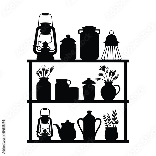 Farmhouse pantry shelf with jars and lanterns in rustic black and white vector illustration design element