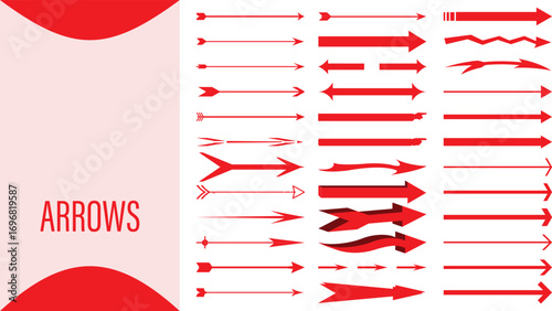 Vector art of a collection of various red arrows pointing in different directions, isolated on a light pink background with red decorative elements on the sides, representing direction and movement