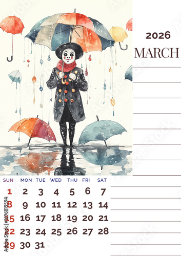 The image is a March 2026 calendar page featuring a watercolor clown in a black coat and red scarf holding a multicolored umbrella, surrounded by floating umbrellas and reflections in a rainy scene.