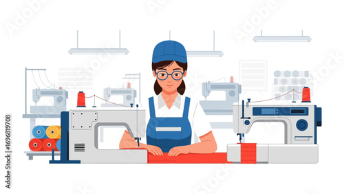 Crafting precision: A dedicated artisan skillfully operates a sewing machine in a modern factory, focused on the art of textile production and clothing manufacturing. 