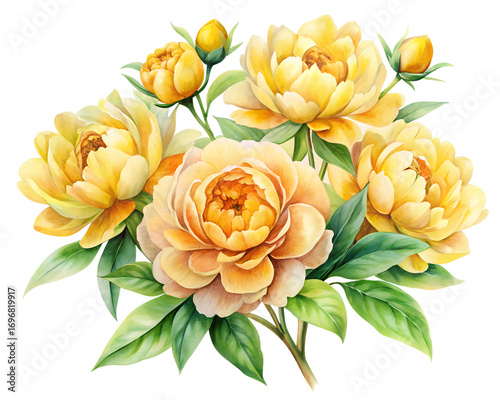 Watercolor Yellow Peonies Bouquet Floral Arrangement Illustration on transparent background