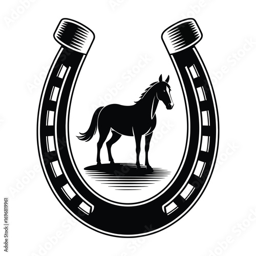 Horseshoe silhouette with rope and barrel detail in rustic black and white vector illustration design element