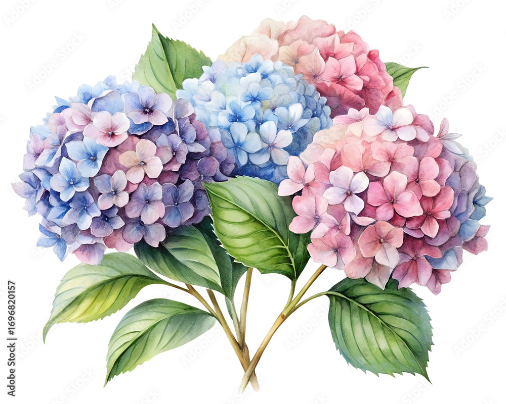 Fototapeta premium Watercolor Hydrangea Bouquet in Pastel Colors on Transparent Background