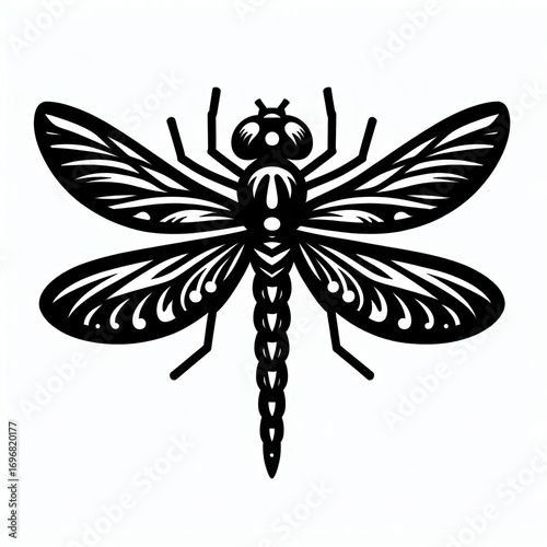 Detailed black and white line art dragonfly silhouette symbol for nature and insect themed designs