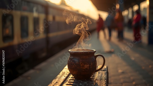 Steaming Coffee Mug on Train Platform at Sunset