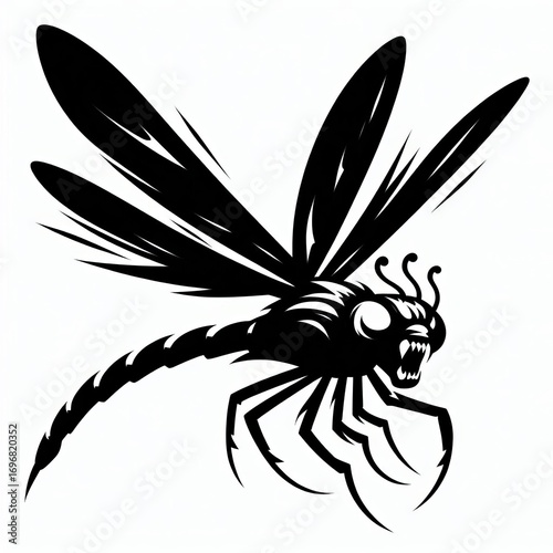 Fearsome grayscale dragonly creature with sharp teeth and spiky wings in flight