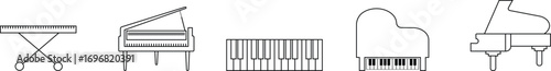 Black silhouette of upright piano icon set, isolated on transparent background. Graphic illustration. concept of musical instrument, classical music, piano recital, icon, logo, design element.