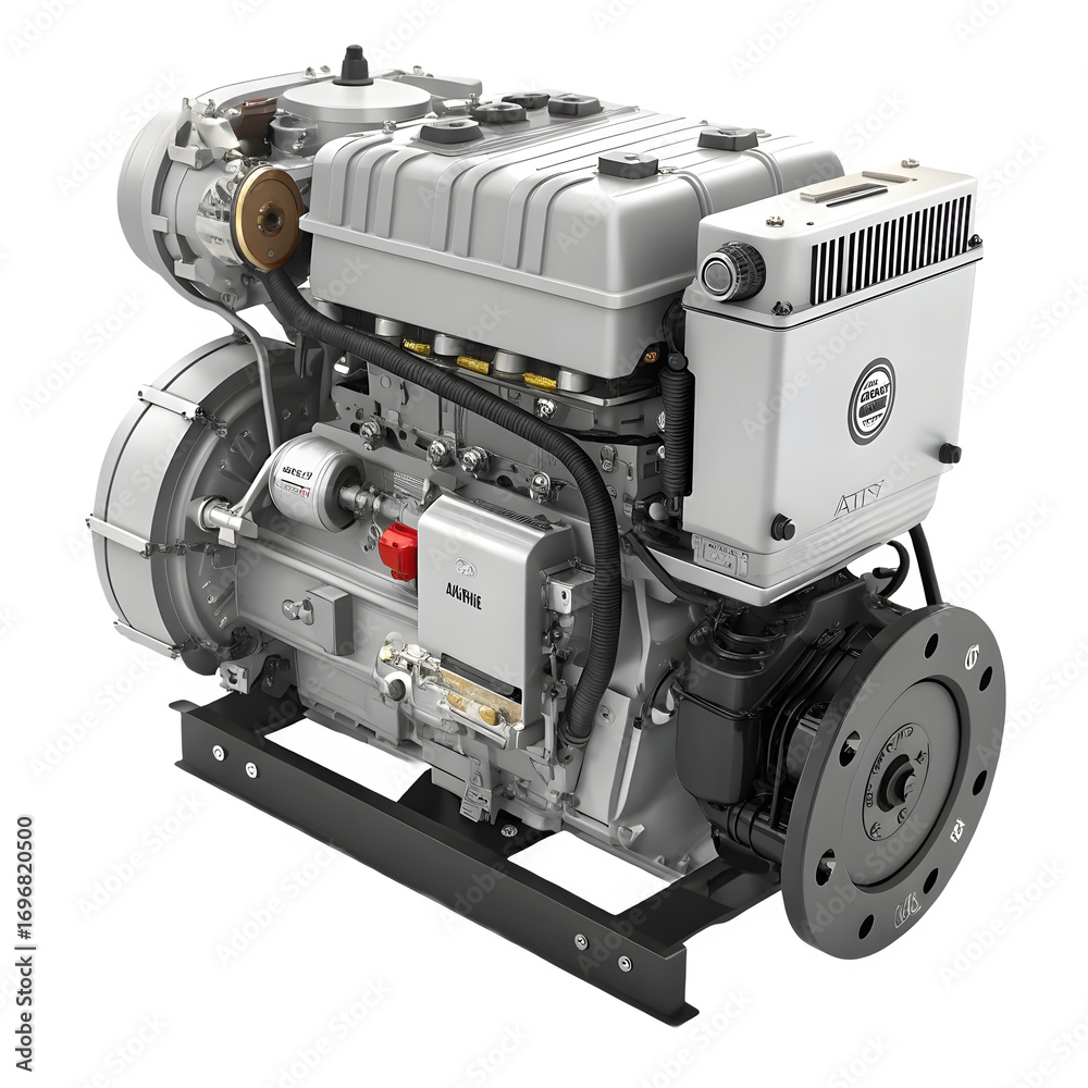 Fototapeta premium Marine diesel engine isolated on transparent background, power source for boat
