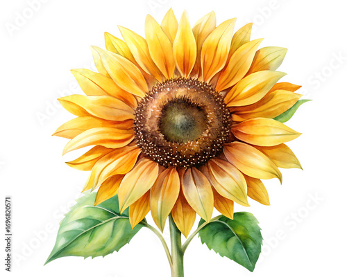 Watercolor Sunflower Blossom with Stem and Leaves on Transparent Background