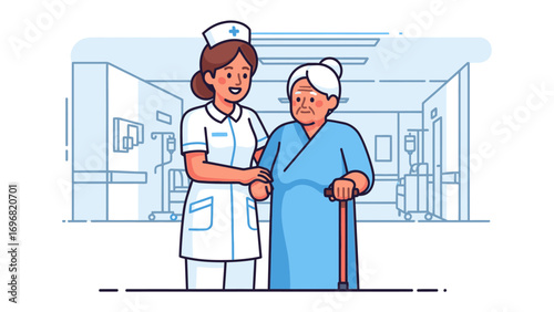 Compassionate Healthcare: A caring nurse assists an elderly patient in a hospital corridor, embodying compassion and professional care. 