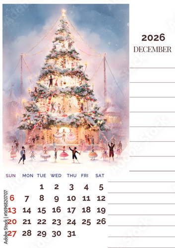 The image is a December 2026 calendar page featuring a grand festive Christmas tree adorned with lights and ornaments, surrounded by dancers and performers in a magical winter scene.