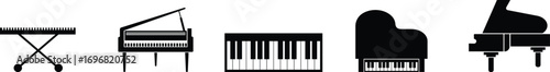 Black silhouette of upright piano icon set, isolated on transparent background. Graphic illustration. concept of musical instrument, classical music, piano recital, icon, logo, design element.