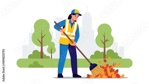 City Street Sanitation: A dedicated street sweeper meticulously clears fallen leaves in an urban park setting. An illustration captures the essence of community service and cleanliness.