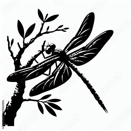 Silhouette of a detailed dragonfly perched on a delicate tree branch with leaves