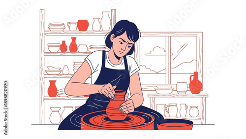 Artisan at Work: A focused craftswoman skillfully shapes wet clay on a pottery wheel, creating a vessel in her creative workshop, showcasing the beauty of handmade craftsmanship.