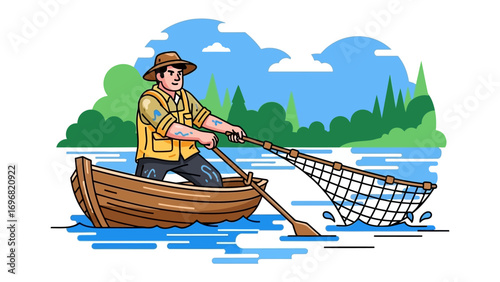  Angler's Quest: A seasoned angler casts a net from his wooden boat, embodying the tranquility and dedication of a day spent fishing.