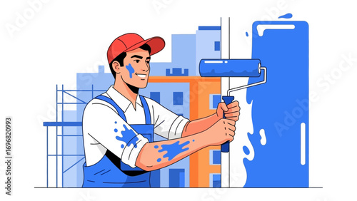 A Professional Painter at Work: A skilled painter, his face a mask of concentration as he carefully wields a paint roller against a skyscraper, in a modern and striking graphic.