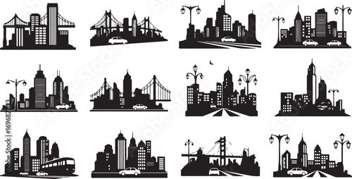 Diverse Black and White Cityscape Silhouettes Featuring Bridges Cars and Skyscrapers Creating Varied Urban Scenes Perfect for Modern Design