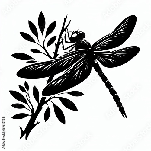 Close up silhouette of a dragonfly perched on a leafy branch in a stylized graphic art style