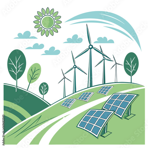 Solar panels and wind turbines generating clean renewable energy in a natural landscape illustration