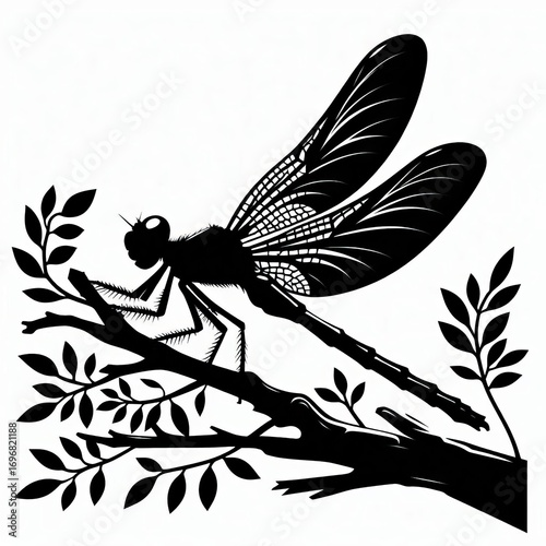 Detailed silhouette of a dragonfly perched on a branch with leaves