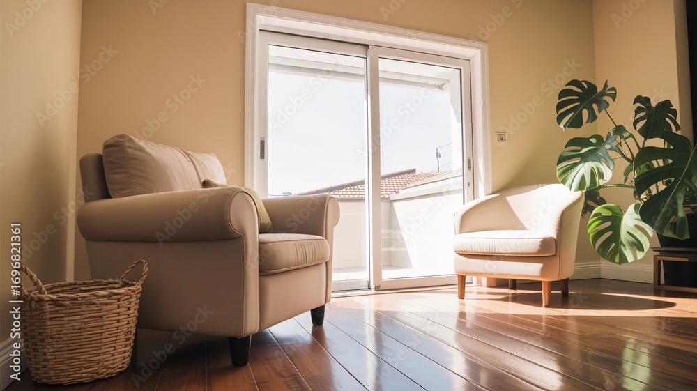 Obraz premium Relaxing living room scene with comfortable chairs and bright sunlight streaming through glass doors