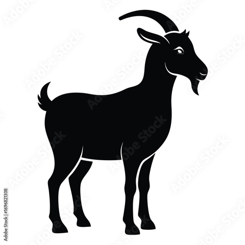 Black silhouette of a standing goat with horns on a white background billy nanny
