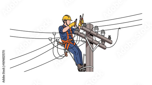 Power Line Technician at Work: A skilled power line technician, equipped with safety gear, meticulously works on a utility pole.