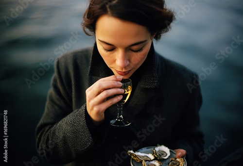 A woman enjoys a moment by the water savoring delicious oysters while sipping wine showcasing a peaceful dining experience