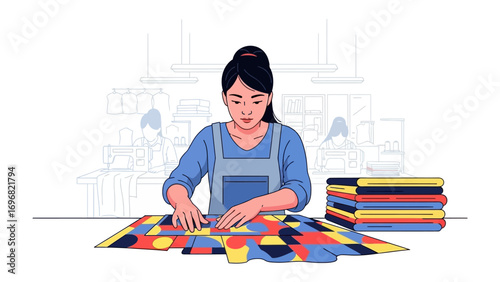 Crafting textiles: A dedicated tailor meticulously arranges colorful fabrics, showcasing the artistry of tailoring and the intricacies of textile craftsmanship in this inviting illustration.