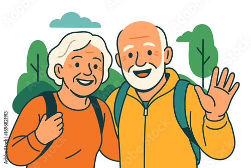 Elderly couple smiling and hiking in a green outdoor setting active seniors outdoors
