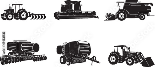 Black and White Farm Equipment Silhouettes A Collection of Tractors Combines and Balers for Agricultural and Farming Illustrations