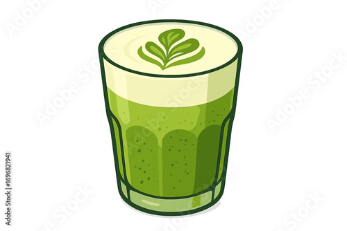 Green smoothie in glass with leaf design on top matcha latte in glass