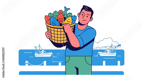 Fresh Catch of the Day: A cheerful fisherman proudly presents a wicker basket brimming with a colorful array of freshly caught fish, symbolizing the bounty of the sea. 