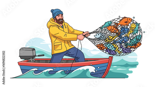 Angler's Abundance: A rugged angler, clad in a yellow jacket, hauls in a bountiful catch of colorful fish, showcasing a thriving marine ecosystem and the rewards of a day at sea.
